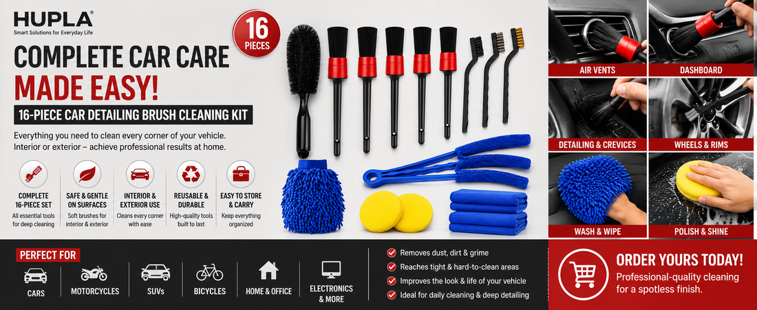 Complete Car Care Made Easy with the HUPLA 16-Piece Car Detailing Brush Cleaning Kit