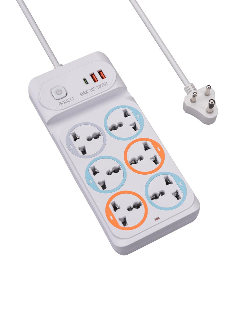6 Socket Extension Board with USB Ports | 10A 1800W Power Strip for Home & Office
