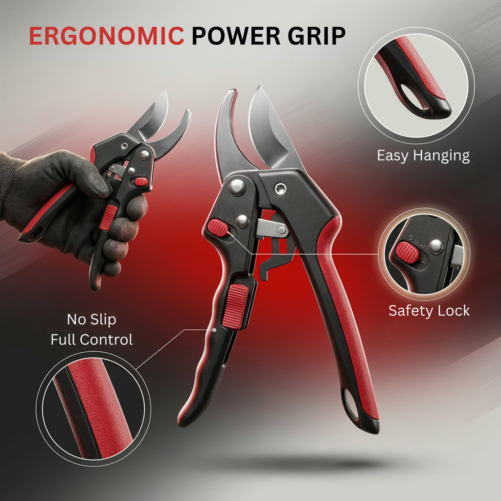 Professional Pruning Shears SK5 Steel Blade Color : Red & Black | Garden Secateurs Cutter | Heavy Duty Plant Trimming Tool with Safety Lock