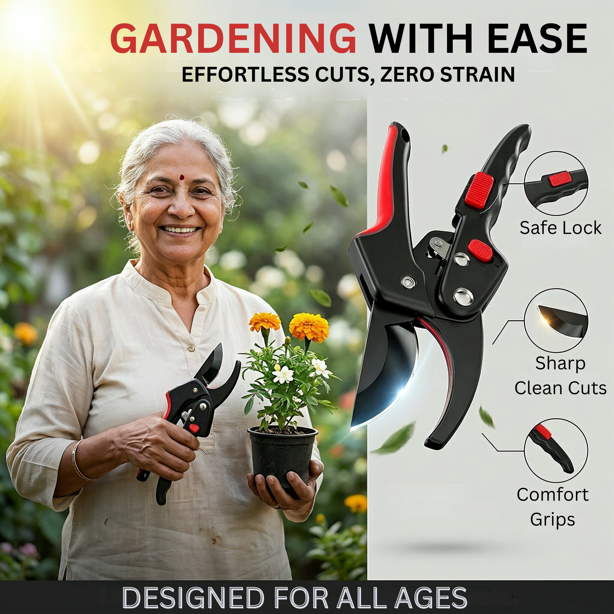 Professional Pruning Shears SK5 Steel Blade | Garden Secateurs Cutter | Heavy Duty Plant Trimming Tool with Safety Lock