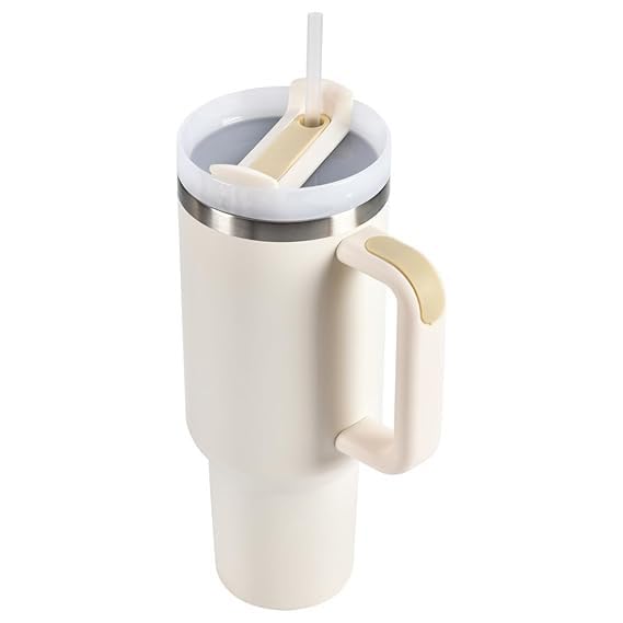 HUPLA Stainless Steel Insulated Travel Tumbler with Handle, Lid & Straw | Double Wall Vacuum Water Bottle for Hot & Cold Drinks | Reusable Coffee Mug – Cream