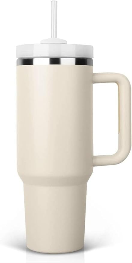HUPLA Stainless Steel Insulated Travel Tumbler with Handle, Lid & Straw | Double Wall Vacuum Water Bottle for Hot & Cold Drinks | Reusable Coffee Mug – Cream