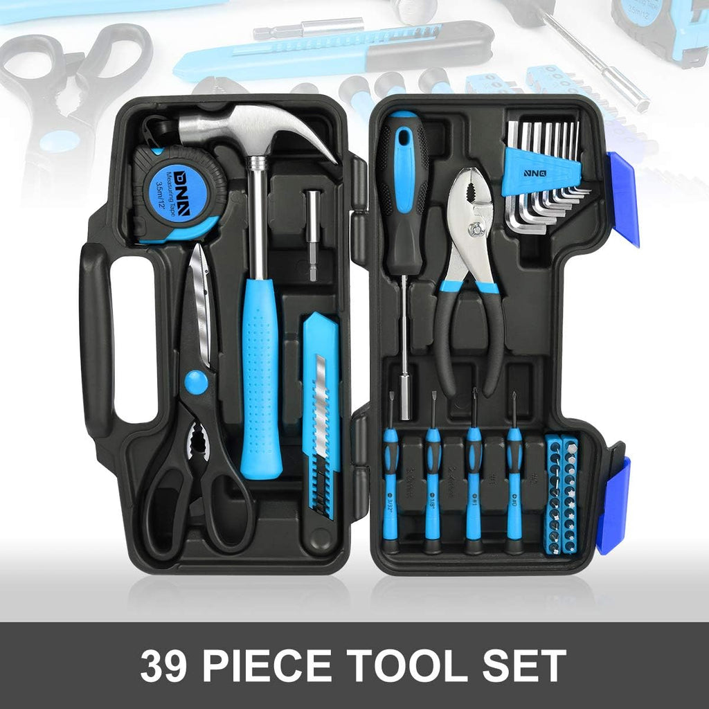 39-piece professional hand tool kit with hammer, pliers, screwdrivers and measuring tape