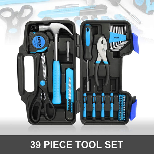 39-piece professional hand tool kit with hammer, pliers, screwdrivers and measuring tape