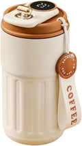 HUPLA Stainless Steel Insulated Coffee Cup with Lid | Portable Hot & Cold Travel Coffee Mug with Carry Strap | Reusable Coffee Tumbler for Office, Home & Travel – White & Brown