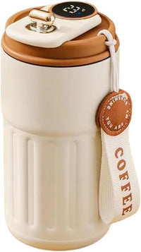 HUPLA Stainless Steel Insulated Coffee Cup with Lid | Portable Hot & Cold Travel Coffee Mug with Carry Strap | Reusable Coffee Tumbler for Office, Home & Travel – White & Brown