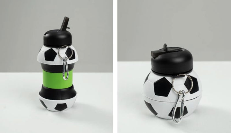 HUPLA Football Design Collapsible Silicone Water Bottle for Kids | Foldable Sports Drinking Bottle with Sipper Spout & Carabiner Clip | Portable Water Bottle for School, Football, Travel & Outdoor Activities – Black, White & Green