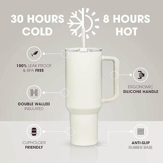HUPLA Stainless Steel Insulated Travel Tumbler with Handle, Lid & Straw | Double Wall Vacuum Water Bottle for Hot & Cold Drinks | Reusable Coffee Mug – Cream