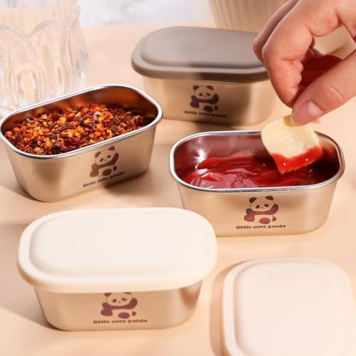 HUPLA Stainless Steel Mini Food Storage Containers with Lids | Cute Panda Print Small Snack & Lunch Boxes for Kids | Reusable Compact Food Storage Bowls – Silver & Cream