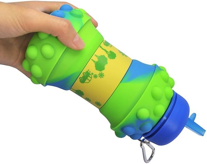 HUPLA Kids Collapsible Silicone Water Bottle with Straw & Carrying Clip | Foldable Reusable Drinking Bottle with 3D Bubble Design for School, Travel & Outdoor Activities – Green & Blue