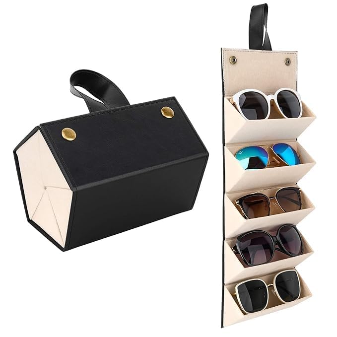 HUPLA 5-Slot Sunglasses Organizer Case | Foldable PU Leather Eyeglasses Storage Box with Soft Inner Lining, Snap Button Closure & Hanging Strap | Travel Glasses Holder – Black