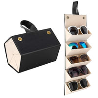 HUPLA 5-Slot Sunglasses Organizer Case | Foldable PU Leather Eyeglasses Storage Box with Soft Inner Lining, Snap Button Closure & Hanging Strap | Travel Glasses Holder – Black