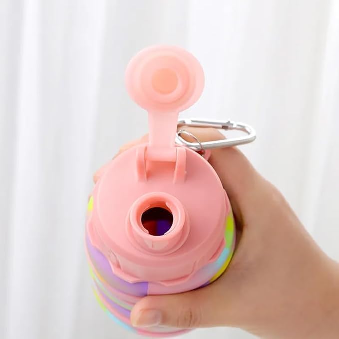 HUPLA Rainbow Collapsible Silicone Water Bottle for Kids | Foldable Reusable Drinking Bottle with Straw Lid & Carrying Clip | Portable Water Bottle for School, Travel & Outdoor Activities – Multicolour