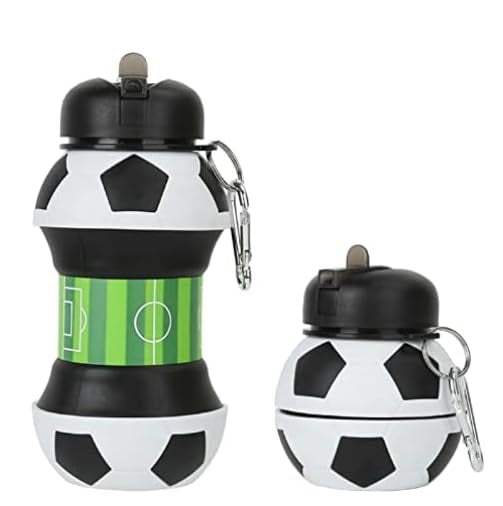 HUPLA Football Design Collapsible Silicone Water Bottle for Kids | Foldable Sports Drinking Bottle with Sipper Spout & Carabiner Clip | Portable Water Bottle for School, Football, Travel & Outdoor Activities – Black, White & Green