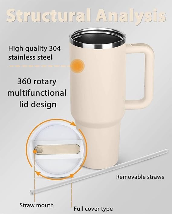 HUPLA Stainless Steel Insulated Travel Tumbler with Handle, Lid & Straw | Double Wall Vacuum Water Bottle for Hot & Cold Drinks | Reusable Coffee Mug – Cream