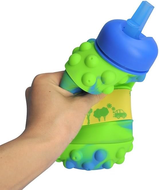 HUPLA Kids Collapsible Silicone Water Bottle with Straw & Carrying Clip | Foldable Reusable Drinking Bottle with 3D Bubble Design for School, Travel & Outdoor Activities – Green & Blue
