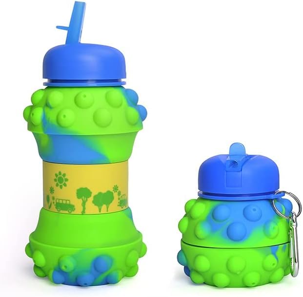 HUPLA Kids Collapsible Silicone Water Bottle with Straw & Carrying Clip | Foldable Reusable Drinking Bottle with 3D Bubble Design for School, Travel & Outdoor Activities – Green & Blue