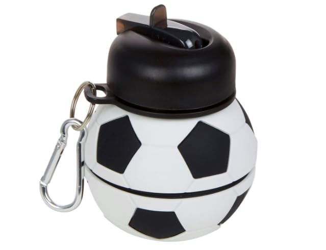 HUPLA Football Design Collapsible Silicone Water Bottle for Kids | Foldable Sports Drinking Bottle with Sipper Spout & Carabiner Clip | Portable Water Bottle for School, Football, Travel & Outdoor Activities – Black, White & Green