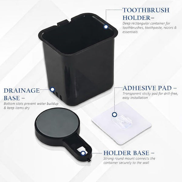 HUPLA Wall Mounted Multipurpose Storage Holder with Drainage | Bathroom Toothbrush Holder, Toothpaste Organizer & Makeup Brush Storage Cup | Black – 1 Piece