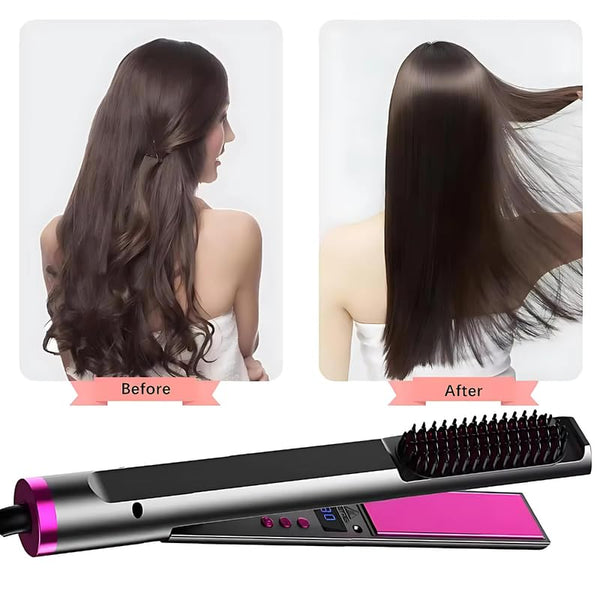 3-in-1 Hair Straightener & Styling Brush | Ceramic Hair Straightening Comb with LCD Display