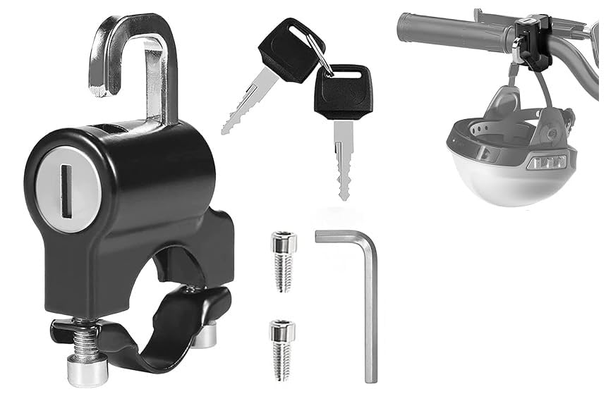 HUPLA Motorcycle Helmet Lock with 2 Keys | Universal Handlebar Mount Helmet Security Lock with Metal Shackle & Installation Kit for Bikes & Scooters – Black
