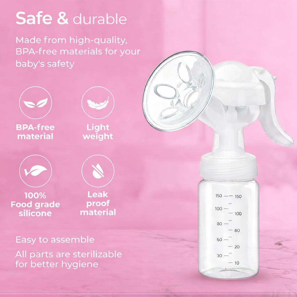 HUPLA Manual Breast Pump with 150ml Milk Collection Bottle | Hand-Operated Breast Milk Pump with Soft Silicone Cushion, Ergonomic Handle & Feeding Nipple | Portable Breastfeeding Accessory for Mothers