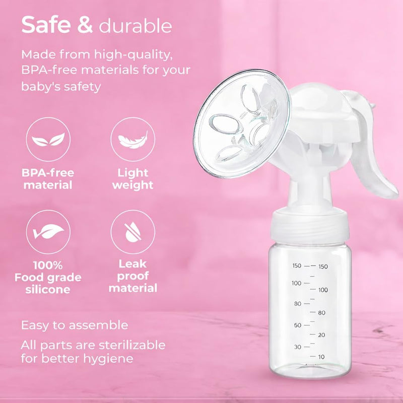 HUPLA Manual Breast Pump with 150ml Milk Collection Bottle | Hand-Operated Breast Milk Pump with Soft Silicone Cushion, Ergonomic Handle & Feeding Nipple | Portable Breastfeeding Accessory for Mothers
