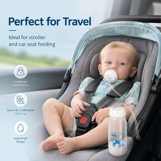 HUPLA 150ml Baby Feeding Bottle with Long Feeding Tube & Silicone-Style Nipple | Flexible Tube Milk Feeding Bottle with Deer Print for Infants – White & Blue