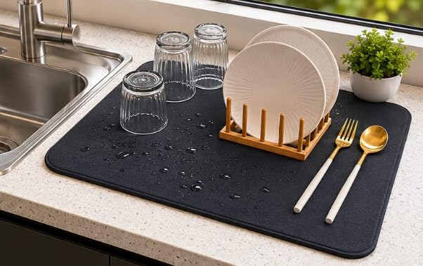 HUPLA Super Absorbent Dish Drying Mat 30 × 40 cm | Non-Slip Kitchen Countertop Drying Mat for Plates, Glasses, Cups & Utensils | Rollable & Reusable – Black