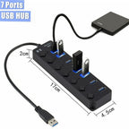 USB 3.0 7-Port Hub with Individual Power Switches & LED Indicators | High-Speed Data Transfer | Plug & Play USB Splitter for Laptop, PC, Mac, Gaming Console