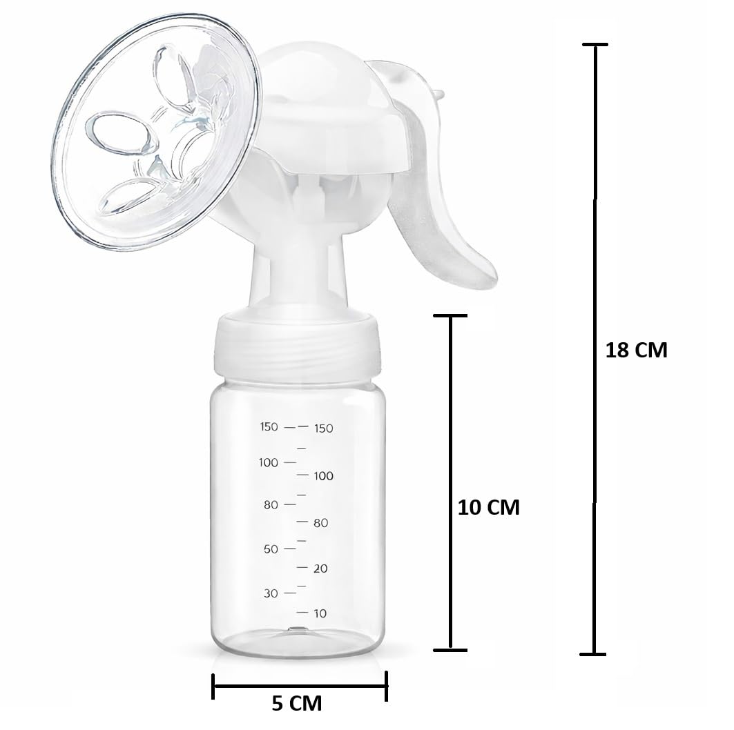 HUPLA Manual Breast Pump with 150ml Milk Collection Bottle | Hand-Operated Breast Milk Pump with Soft Silicone Cushion, Ergonomic Handle & Feeding Nipple | Portable Breastfeeding Accessory for Mothers