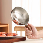 HUPLA Stainless Steel Mini Frying Pan with Wooden Handle | Deep Round Cooking Pan for Frying, Sautéing & Small Portion Cooking | Compact Kitchen Cookware – Silver