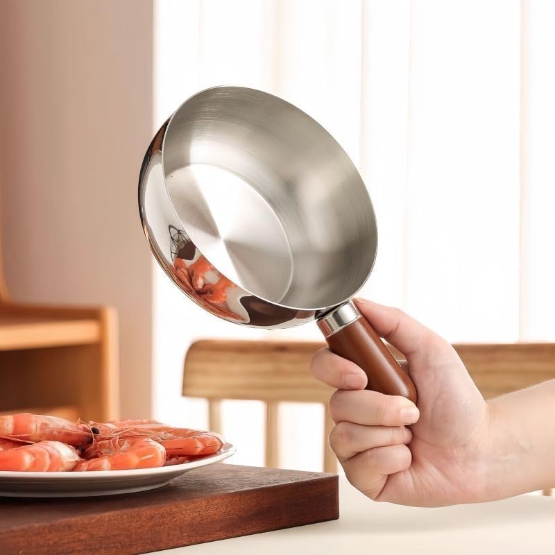HUPLA Stainless Steel Mini Frying Pan with Wooden Handle | Deep Round Cooking Pan for Frying, Sautéing & Small Portion Cooking | Compact Kitchen Cookware – Silver