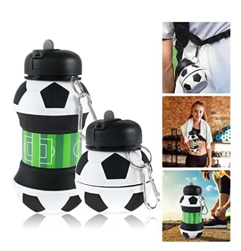 HUPLA Football Design Collapsible Silicone Water Bottle for Kids | Foldable Sports Drinking Bottle with Sipper Spout & Carabiner Clip | Portable Water Bottle for School, Football, Travel & Outdoor Activities – Black, White & Green