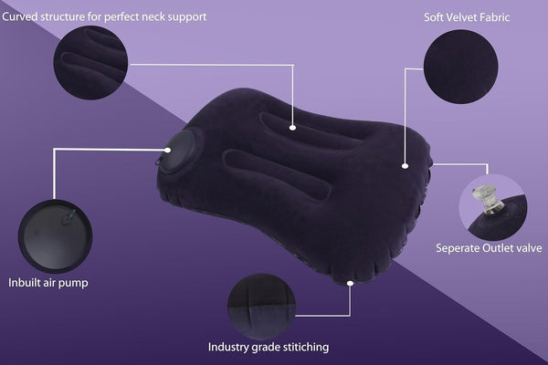 Inflatable Neck Support Pillow with Built-in Air Pump – Soft Velvet Travel Pillow with Separate Air Valve, Random Colour