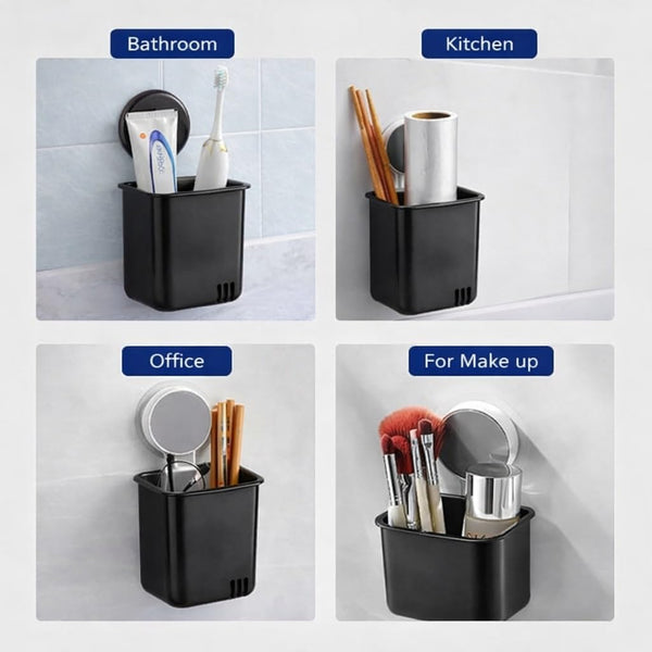 HUPLA Wall Mounted Multipurpose Storage Holder with Drainage | Bathroom Toothbrush Holder, Toothpaste Organizer & Makeup Brush Storage Cup | Black – 1 Piece