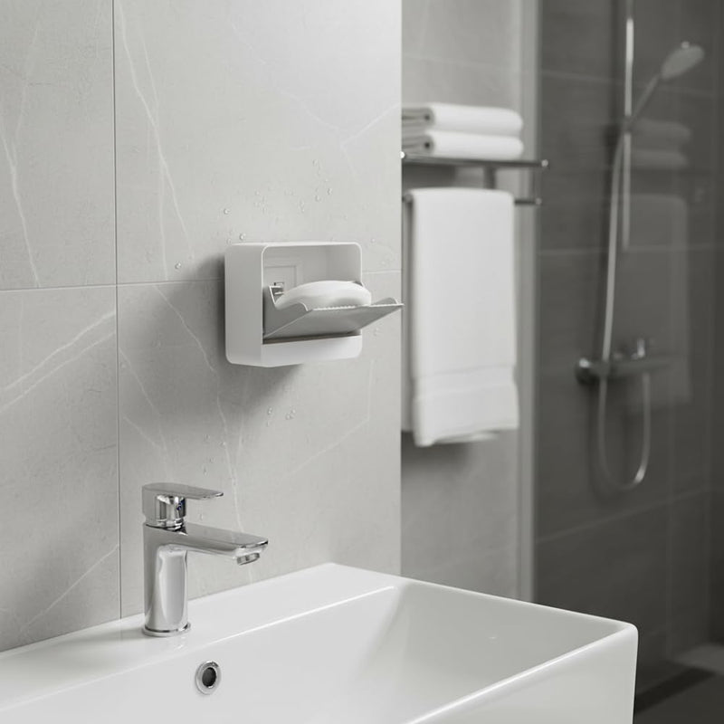 HUPLA Wall Mounted Soap Holder with Drainage | Self-Adhesive Bathroom Soap Storage Box with Sliding Cover | Space Saving Soap Dish Organizer – White
