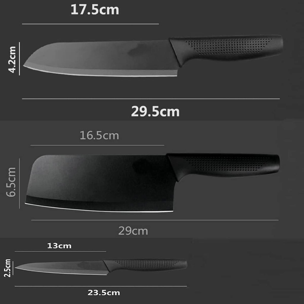 HUPLA 3-Piece Stainless Steel Kitchen Knife Set | Black Coated Cleaver, Chef Knife & Paring Knife with Ergonomic Non-Slip Handles | Multipurpose Vegetable, Fruit & Meat Cutting Knives