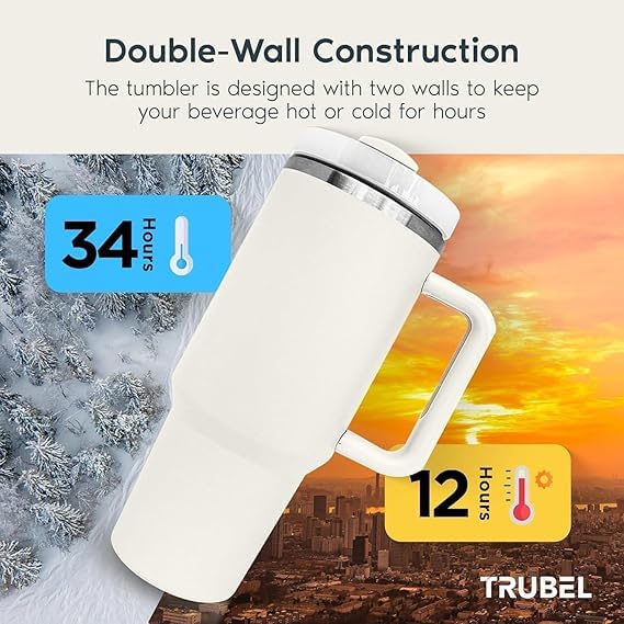 HUPLA Stainless Steel Insulated Travel Tumbler with Handle, Lid & Straw | Double Wall Vacuum Water Bottle for Hot & Cold Drinks | Reusable Coffee Mug – Cream