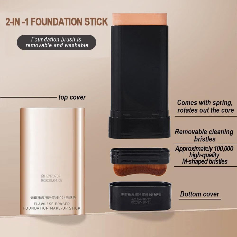 Flawless Foundation Makeup Stick with Brush – 2-in-1 Cream Foundation Stick for Face Makeup & Easy Blending