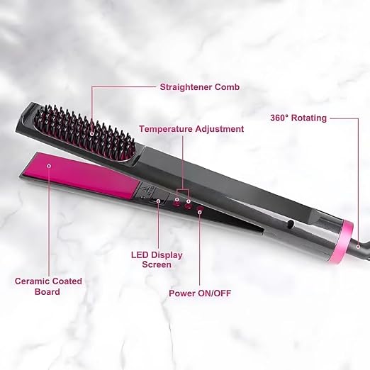 2-in-1 Hair Straightener & Styling Brush | Ceramic Hair Straightening Comb with LCD Display