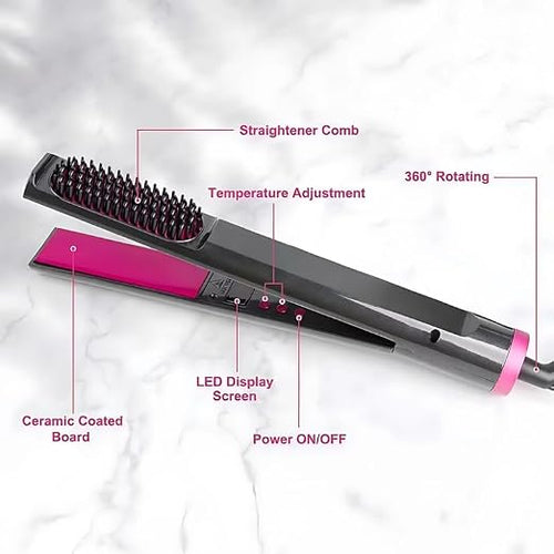 2-in-1 Hair Straightener & Styling Brush | Ceramic Hair Straightening Comb with LCD Display