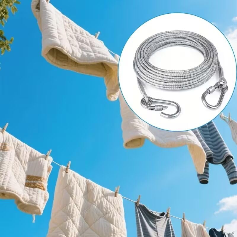 HUPLA 5 Meter Steel Wire Rope Cable with 2 Metal Hooks | Heavy-Duty Looking Braided Wire Cable with Locking Hook | Multipurpose Hanging & Securing Cable – Silver