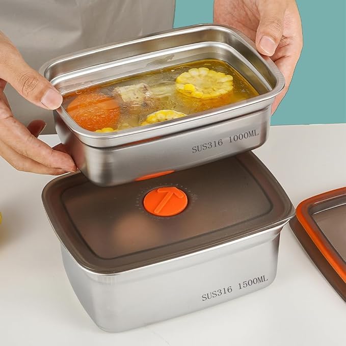 HUPLA SUS316 Stainless Steel Food Storage Container with Lid | 1000ml & 1500ml Rectangular Lunch Box for Food, Snacks & Leftovers | Stackable Kitchen Storage Box – Silver