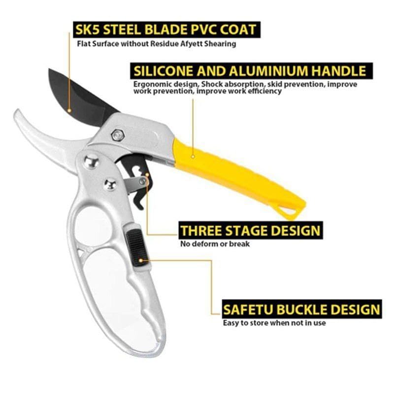 Ratchet Pruning Shears for Gardening | Heavy Duty Bypass Cutter for Plants, Branches & Flowers