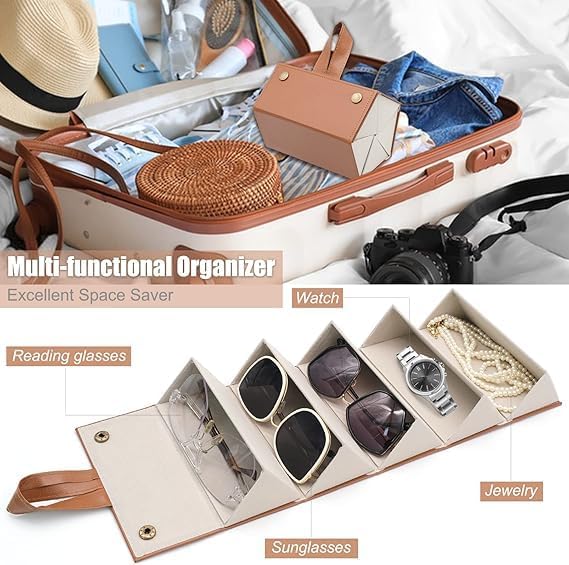 HUPLA 5-Slot Sunglasses Organizer Case | Foldable PU Leather Eyeglasses Storage Box with Soft Inner Lining, Snap Button Closure & Hanging Strap | Travel Glasses Holder – Black