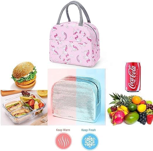 Insulated Lunch Bag for School, Office & Travel – Pink Unicorn Print
