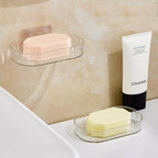 HUPLA Transparent Wall Mounted Soap Holder with Drainage | Self-Adhesive No-Drill Soap Dish for Bathroom, Kitchen & Washbasin | Clear Plastic Soap Organizer