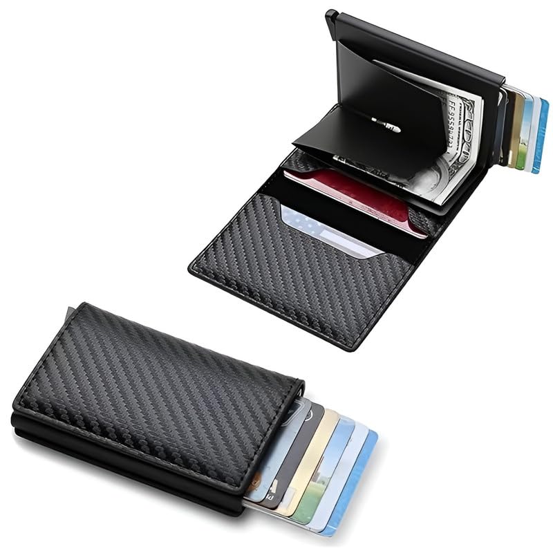 HUPLA Automatic Pop-Up Card Holder for Men | Slim RFID-Style Card Wallet with Push Button | Black Carbon Fibre Pattern Card Case