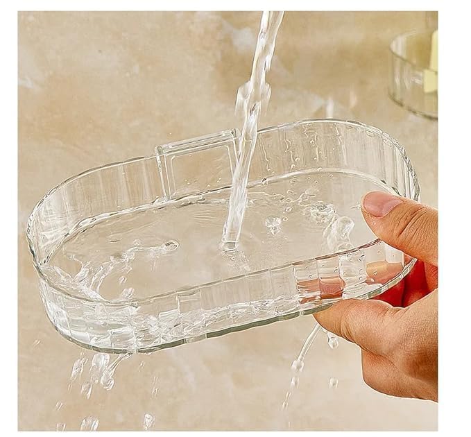 HUPLA Transparent Wall Mounted Soap Holder with Drainage | Self-Adhesive No-Drill Soap Dish for Bathroom, Kitchen & Washbasin | Clear Plastic Soap Organizer